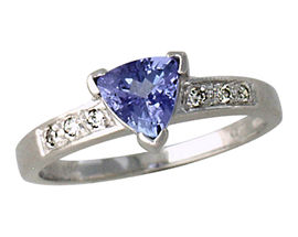 Trillion Cut Tanzanite and Diamond Ring 14k White Gold