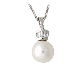 Freshwater Pearl and Baguette Diamond Pendant - 14K White Gold