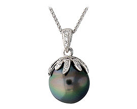 Tahitian Black Pearl and Diamond Pendant - 14K White Gold