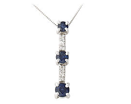 Three Stone Sapphire and Diamond Drop Pendant - 14K White Gold