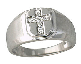 Mens Diamond Cross Ring - 14K White Gold