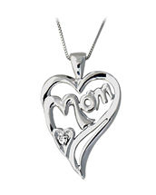 Mom Diamond Heart Pendant - 14K White Gold