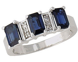 Sapphire and Diamond Three Stone Emerald Cut Ring - 14K White Gold