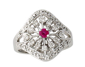 Ruby and 1/4 Carat Diamond Ring - 14K White Gold