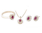 Ruby and Diamond Flower Ring - Earring - and Pendant Set - 14K Gold