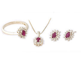 Ruby and Diamond Flower Ring - Earring - and Pendant Set - 14K Gold