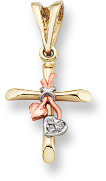 14K Tri-Color Gold Cross Pendant with Hearts