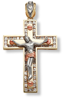 Tri-Color and CZ Crucifix Pendant - 14K Gold