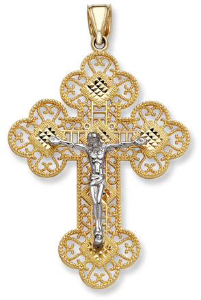 14K Two-Tone Gold Filigree Crucifix Pendant - Large