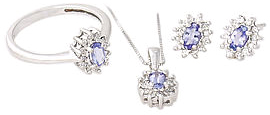 Tanzanite and Diamond Flower Ring - Earring - and Pendant Set