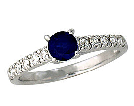 Carved Sapphire and 0.30 Carat Diamond Ring - 14K White Gold