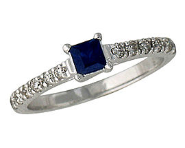 Carved Sapphire and 1/4 Diamond Ring - 14K White Gold