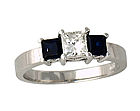 Three Stone Sapphire and 1/2 Carat Diamond Ring - 14K White Gold
