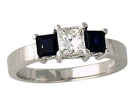 Three Stone Sapphire and 1/2 Carat Diamond Ring - 14K White Gold