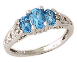 14K White Gold Blue Topaz and Diamond Gold Art Deco Ring