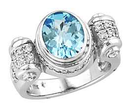 Blue Topaz and Diamond Antique Ring - 14k White Gold