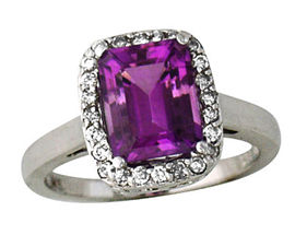 Antique-Etched Amethyst and Diamond Ring, 14K White Gold