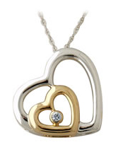 Two-Tone Dual Heart and Diamond Pendant in 14K Gold
