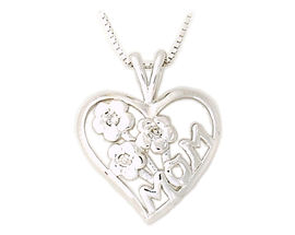 Diamond Flower and Heart MOM Pendant 14K White Gold
