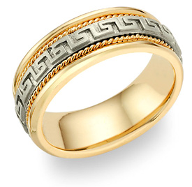 Greek Key Wedding Band Ring - 14K Two-Tone Gold
