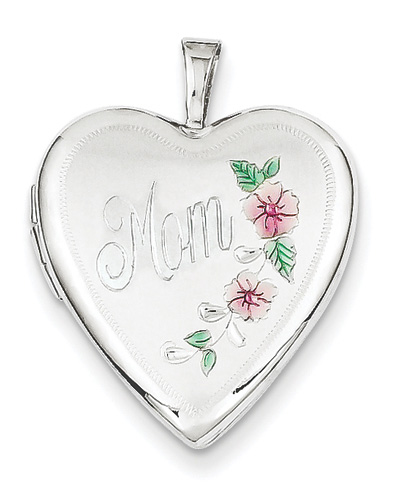14K White Gold Mom Heart Locket with Enameled Flowers