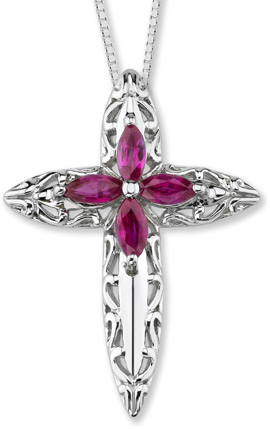 14K White Gold Floral Ruby Cross Pendant