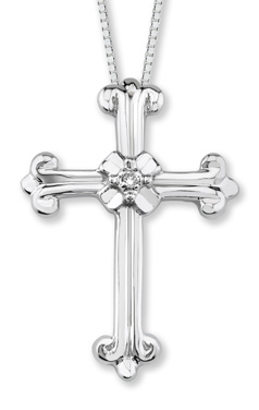 10K White Gold Fleur-de-Lis Diamond Cross Pendant
