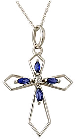 Sapphire and Diamond Cross Pendant in 10K White Gold