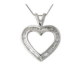 1 Carat Classic Baguette Diamond Heart Pendant, 14K White Gold