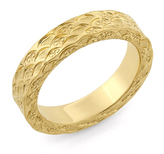 Hand Carved Designer Wedding Band, 14K Gold