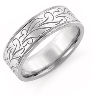 Hand Carved Floral Wedding Band, 14K White Gold