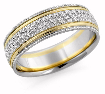 Hand Carved Floral Wedding Band 14K TwoTone Gold