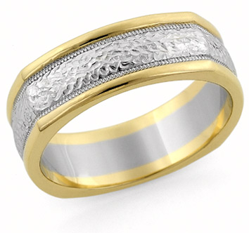 Square Hammered Wedding Band, 14K Two-Tone Gold