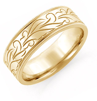 Hand Carved Floral Wedding Band, 14KYellow Gold