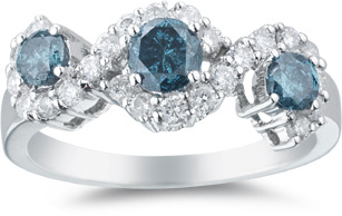 1.08 Carat Three Stone Blue and White Diamond Ring