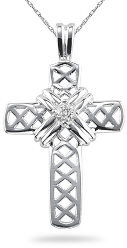 Stiched Diamond Cross Pendant, 14K White Gold