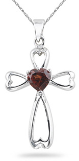 Garnet Heart Cross Pendant, 14K White Gold
