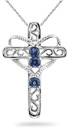 Sapphire Filigree Cross Pendant, 14K White Gold