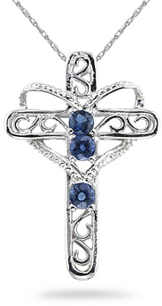 Sapphire Filigree Cross Pendant, 14K White Gold