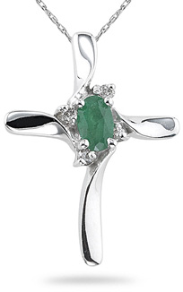 Emerald and Diamond Cross Pendant, 14K White Gold