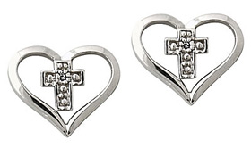 Diamond Heart and Cross Earrings, 10K White Gold