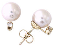 8 - 8.5 MM Cultured Pearl and .10 Carat Diamond Stud Earrings, 14K Yellow Gold