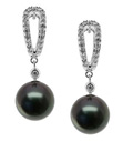 Natural Black Tahitian Round Pearl & Diamond Earrings in 14K White Gold