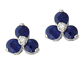 Sapphire and Diamond Three Stone Flower Earrings, 10K White Gold