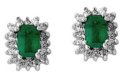 Diamond and Emerald Flower Earrings, 14K White Gold
