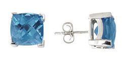 Cushion Cut Blue Topaz Earrings, 14K White Gold