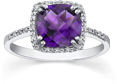 8mm x 8mm Cushion Cut Amethyst and Diamond Ring