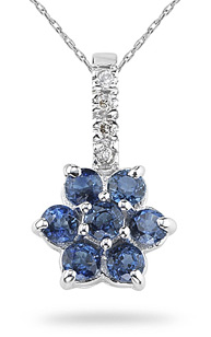 Sapphire and Diamond Flower Pendant, 14K White Gold