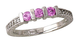 Three Stone Pink Sapphire and Diamond Ring, 14K White Gold