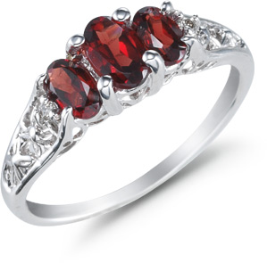Three Stone Oval Garnet Ring, 14K White Gold